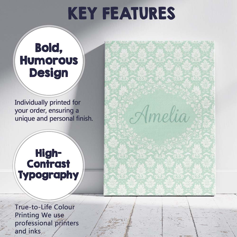 Personalised Name Mint Damask Floral Custom Premium Decorative Design Modern Room Accent Canvas Wall Art Print Decor Picture Ready to Hang