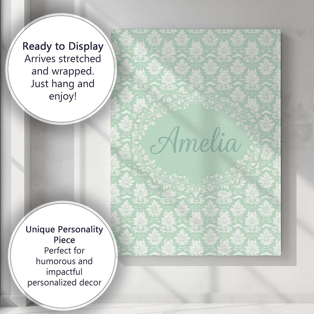 Personalised Name Mint Damask Floral Custom Premium Decorative Design Modern Room Accent Canvas Wall Art Print Decor Picture Ready to Hang