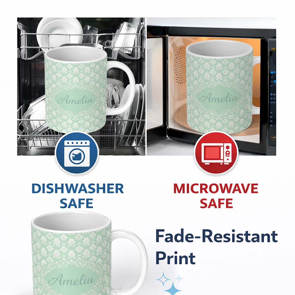 Personalized Custom Name Mint Damask Floral Seamless Pattern Elegant Vintage Ornamental 11oz Ceramic Coffee Tea Mug White Large Handle