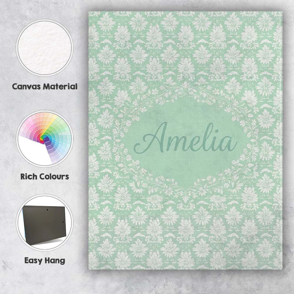Personalised Name Mint Damask Floral Custom Premium Decorative Design Modern Room Accent Canvas Wall Art Print Decor Picture Ready to Hang