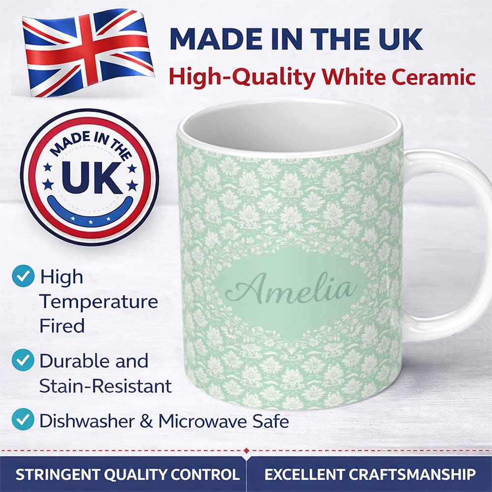 Personalized Custom Name Mint Damask Floral Seamless Pattern Elegant Vintage Ornamental 11oz Ceramic Coffee Tea Mug White Large Handle