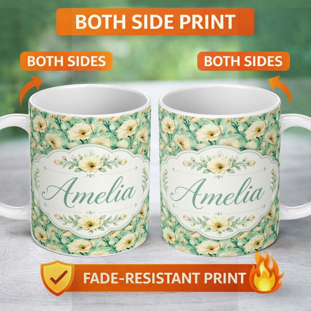 Personalized Custom Name Cream Poppy Floral Seamless Pattern Soft Artistic Botanical Bloom 11oz Ceramic Coffee Tea Mug White Large Handle