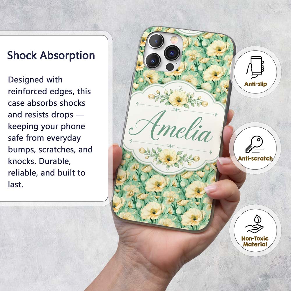 Cream Poppy Floral Seamless Pattern Soft Artistic Custom Name Protective Phone Case Mobile Cover Durable Everyday Smartphone Shock Resistant