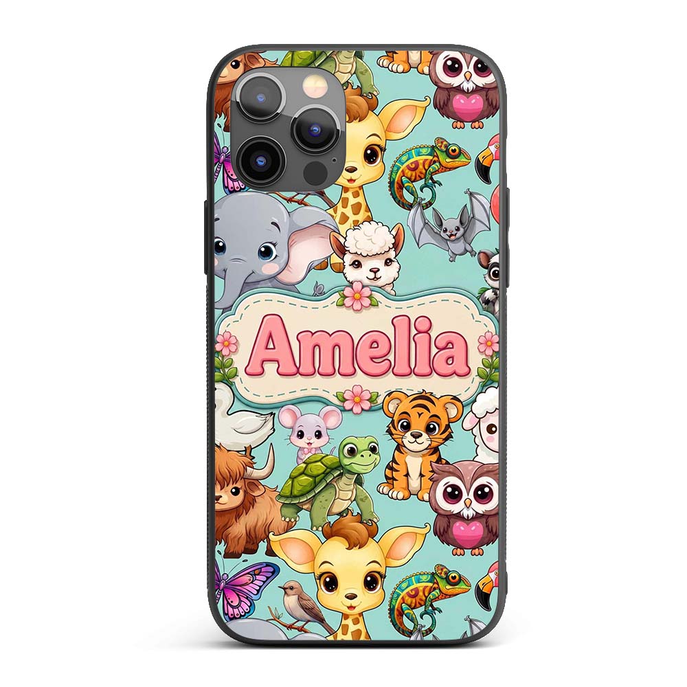 Cute Cartoon Jungle Safari Animals Printed Design Custom Name Protective Phone Case Mobile Cover Durable Everyday Smartphone Shock Resistant