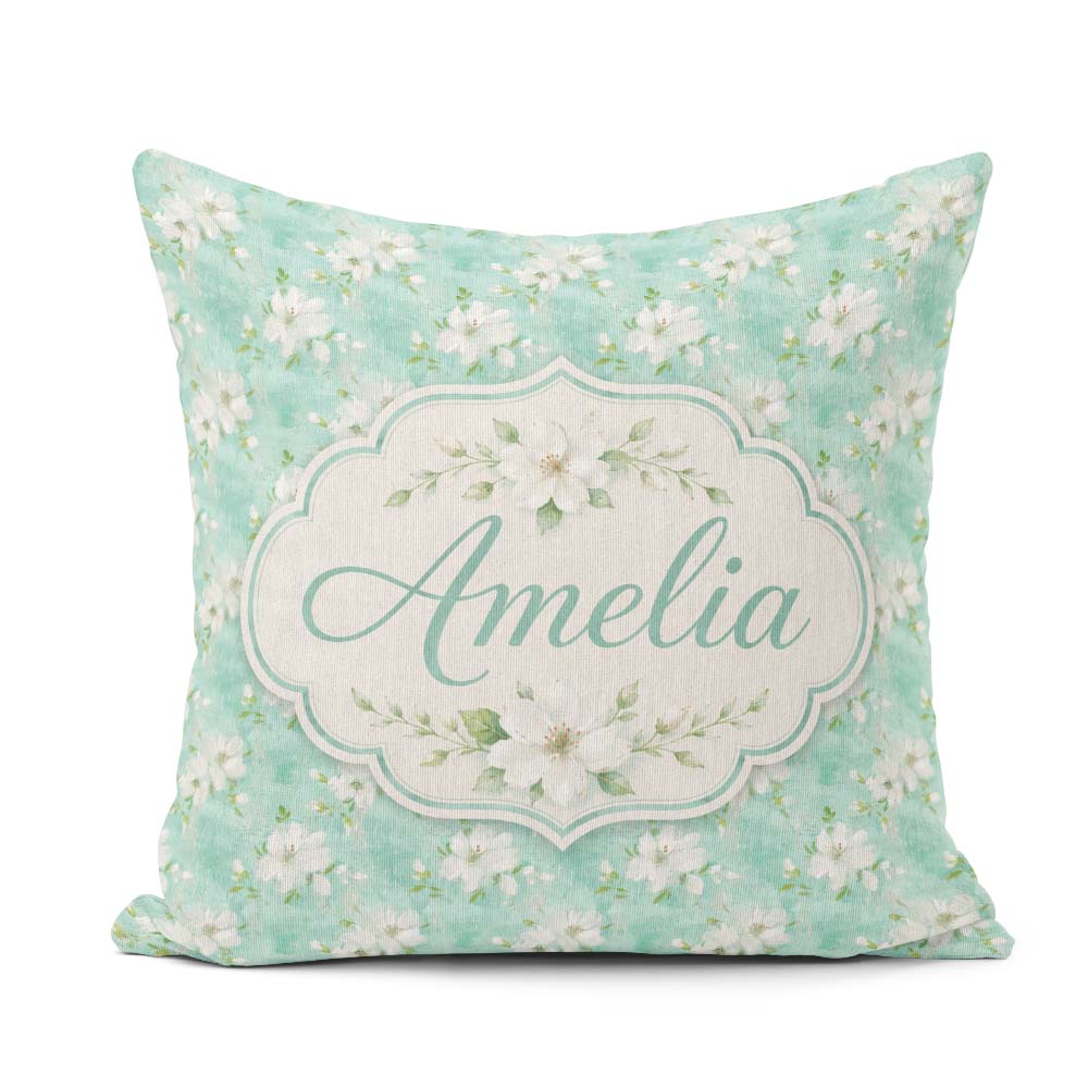 Custom Name Teal White Blossom Floral Seamless Pattern Botanical Square Filled Cushion Throw Pillow Sofa Bed Home Decor Zip Washable UK Made