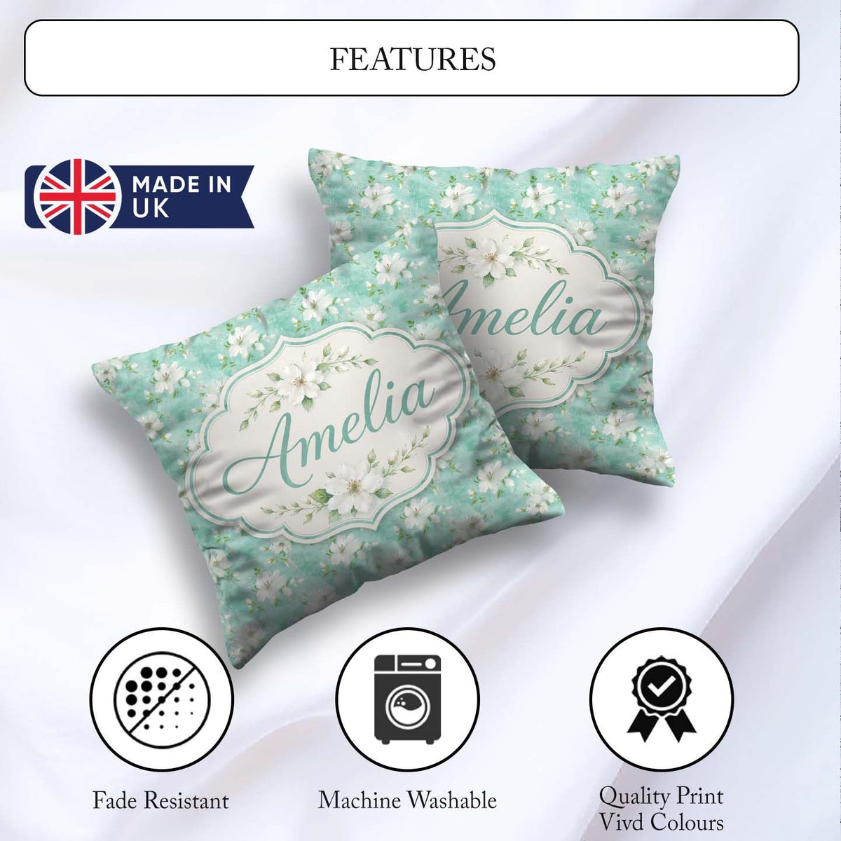 Custom Name Teal White Blossom Floral Seamless Pattern Botanical Square Filled Cushion Throw Pillow Sofa Bed Home Decor Zip Washable UK Made