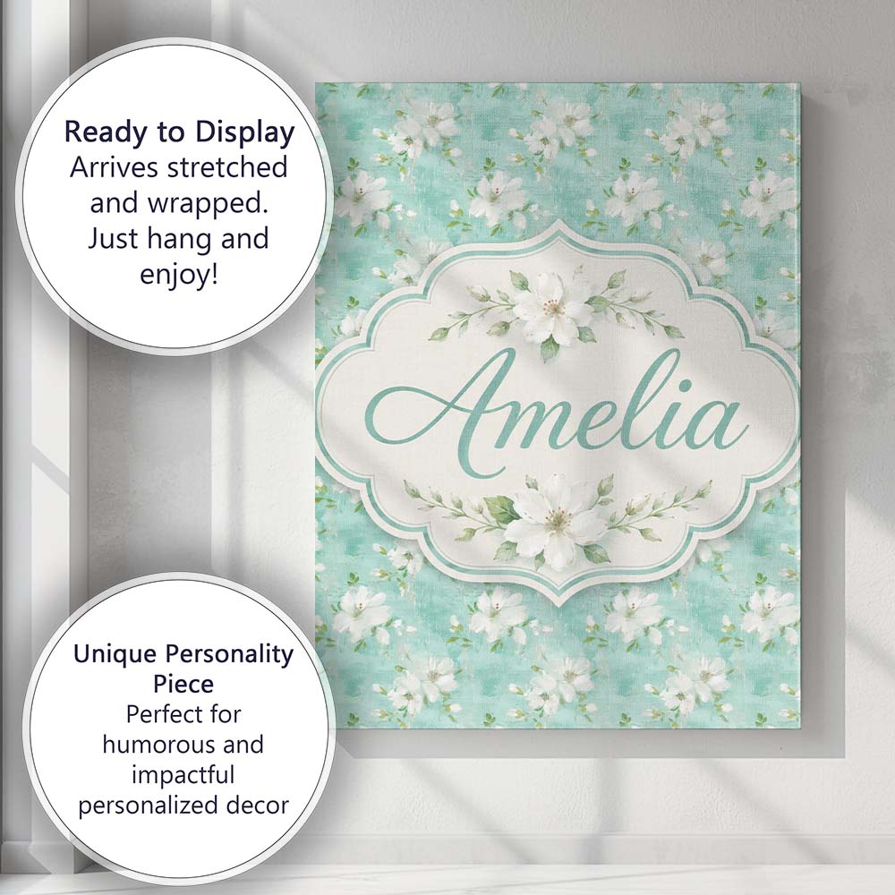 Personalised Name Teal White Blossom Floral Custom Bespoke Interior Contemporary Canvas Wall Art Print Decor Picture Ready to Hang