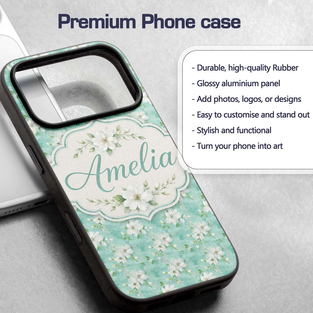 Teal White Blossom Floral Seamless Pattern Soft Custom Name Protective Phone Case Mobile Cover Durable Everyday Smartphone Shock Resistant