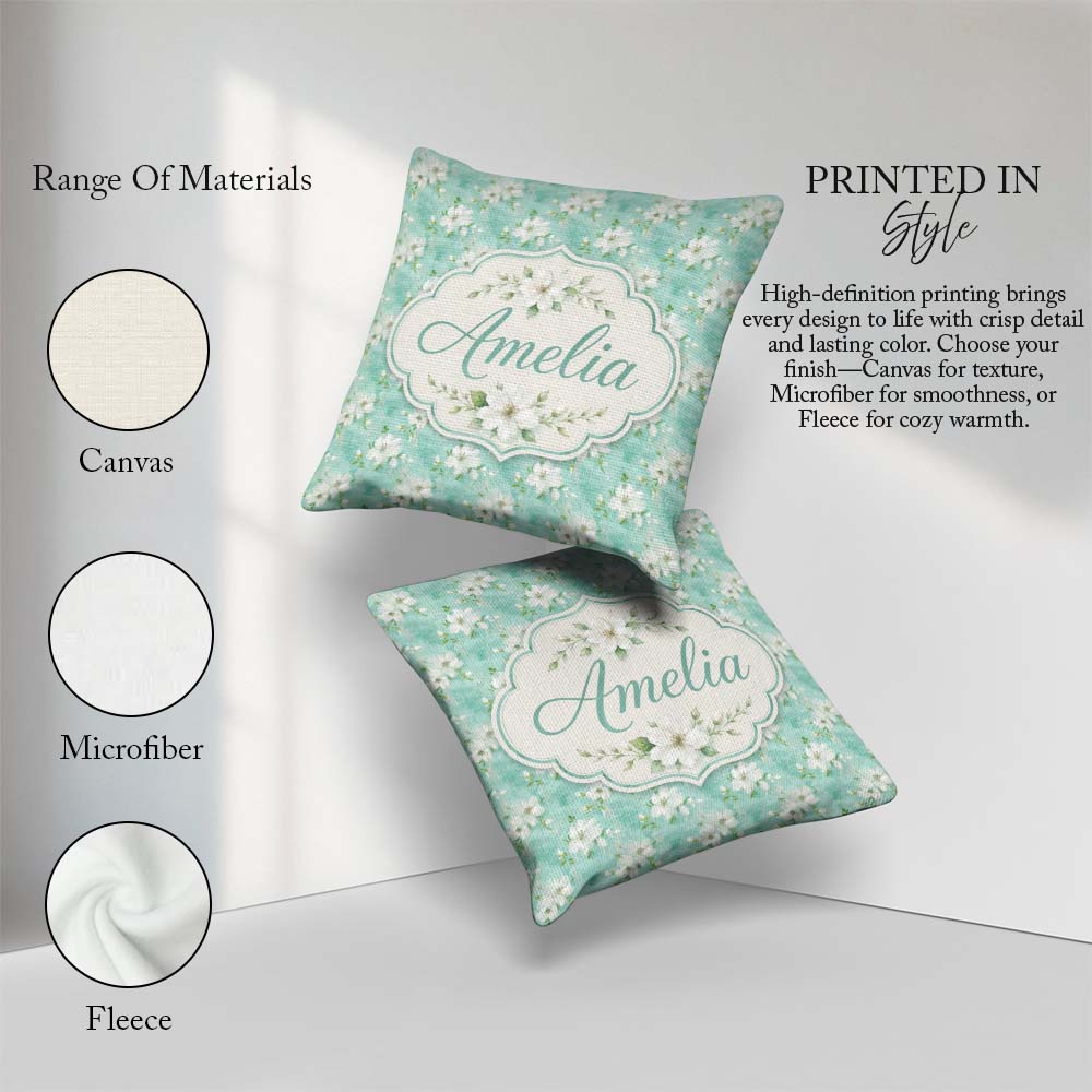 Custom Name Teal White Blossom Floral Seamless Pattern Botanical Square Filled Cushion Throw Pillow Sofa Bed Home Decor Zip Washable UK Made