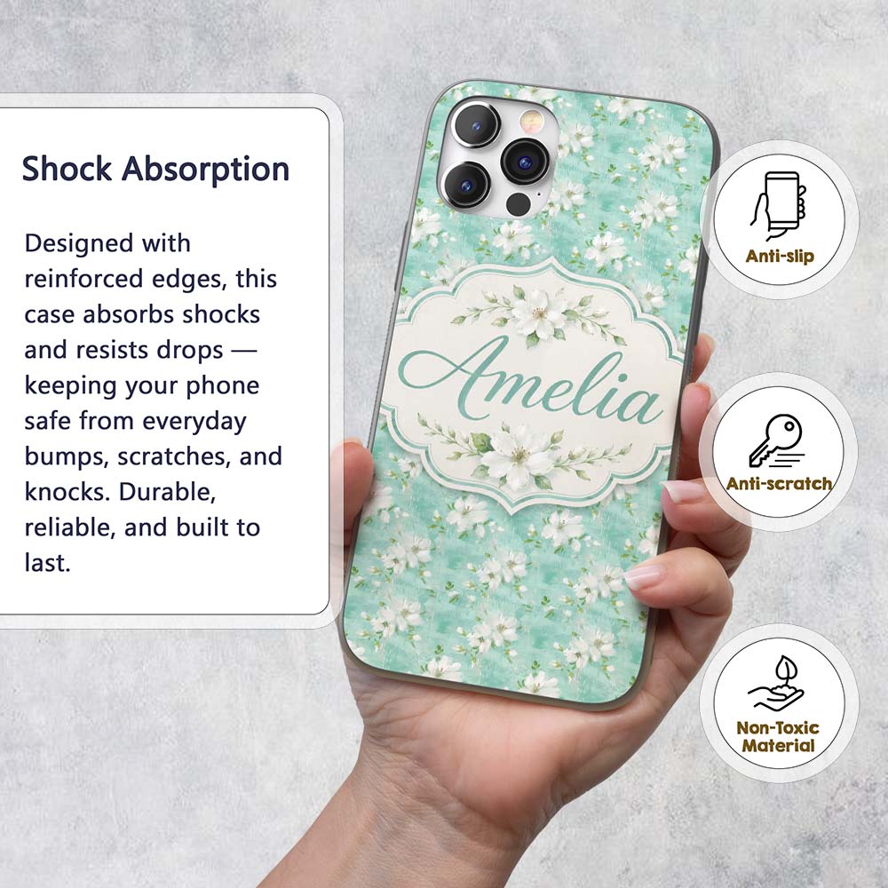 Teal White Blossom Floral Seamless Pattern Soft Custom Name Protective Phone Case Mobile Cover Durable Everyday Smartphone Shock Resistant