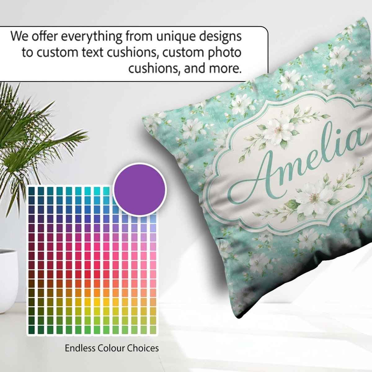 Custom Name Teal White Blossom Floral Seamless Pattern Botanical Square Filled Cushion Throw Pillow Sofa Bed Home Decor Zip Washable UK Made