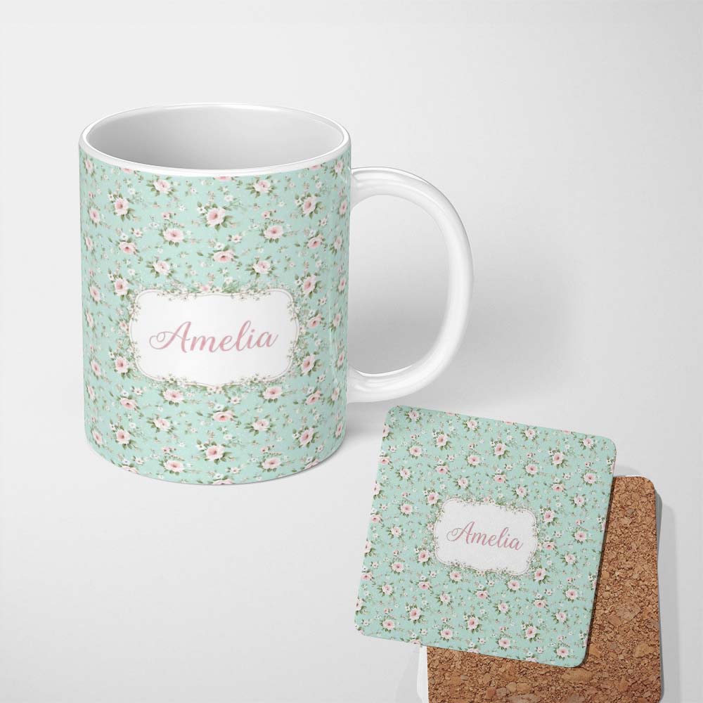 Personalized Custom Name Pink Rose Floral Seamless Pattern Delicate Vintage Botanical Garden 11oz Ceramic Coffee Tea Mug White Large Handle