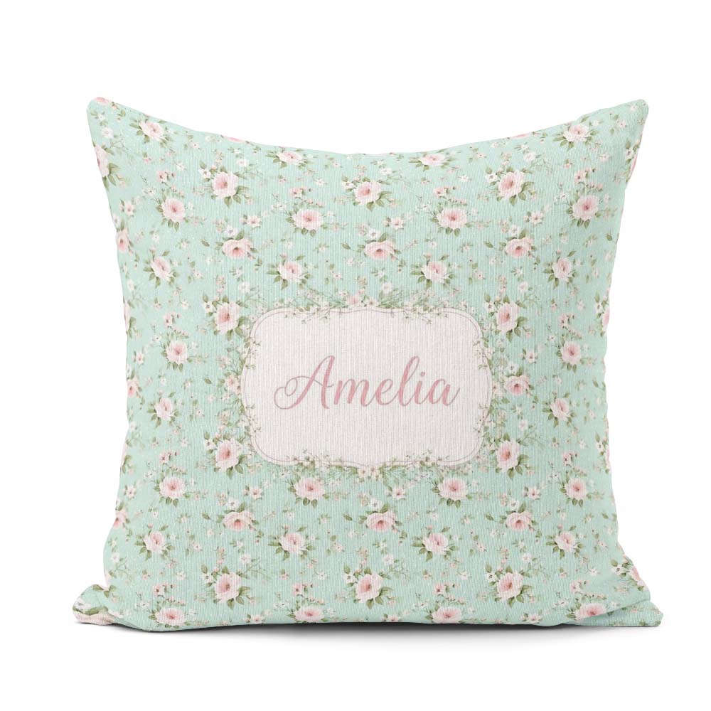 Custom Name Pink Rose Floral Seamless Pattern Delicate Botanical Square Filled Cushion Throw Pillow Sofa Bed Home Decor Zip Washable UK Made