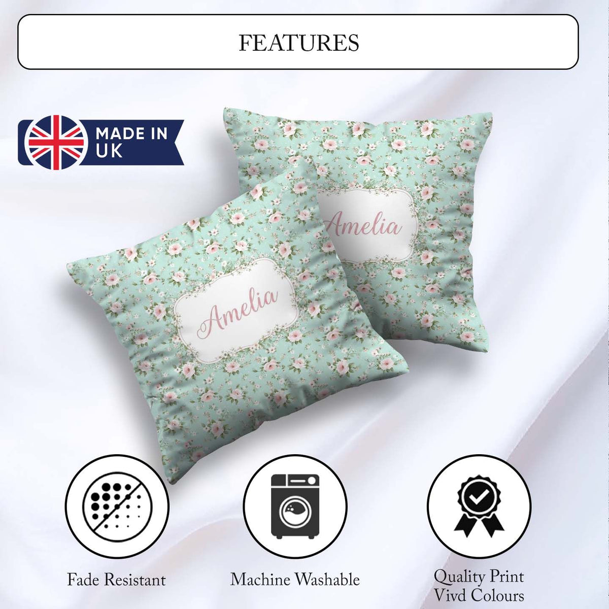 Custom Name Pink Rose Floral Seamless Pattern Delicate Botanical Square Filled Cushion Throw Pillow Sofa Bed Home Decor Zip Washable UK Made