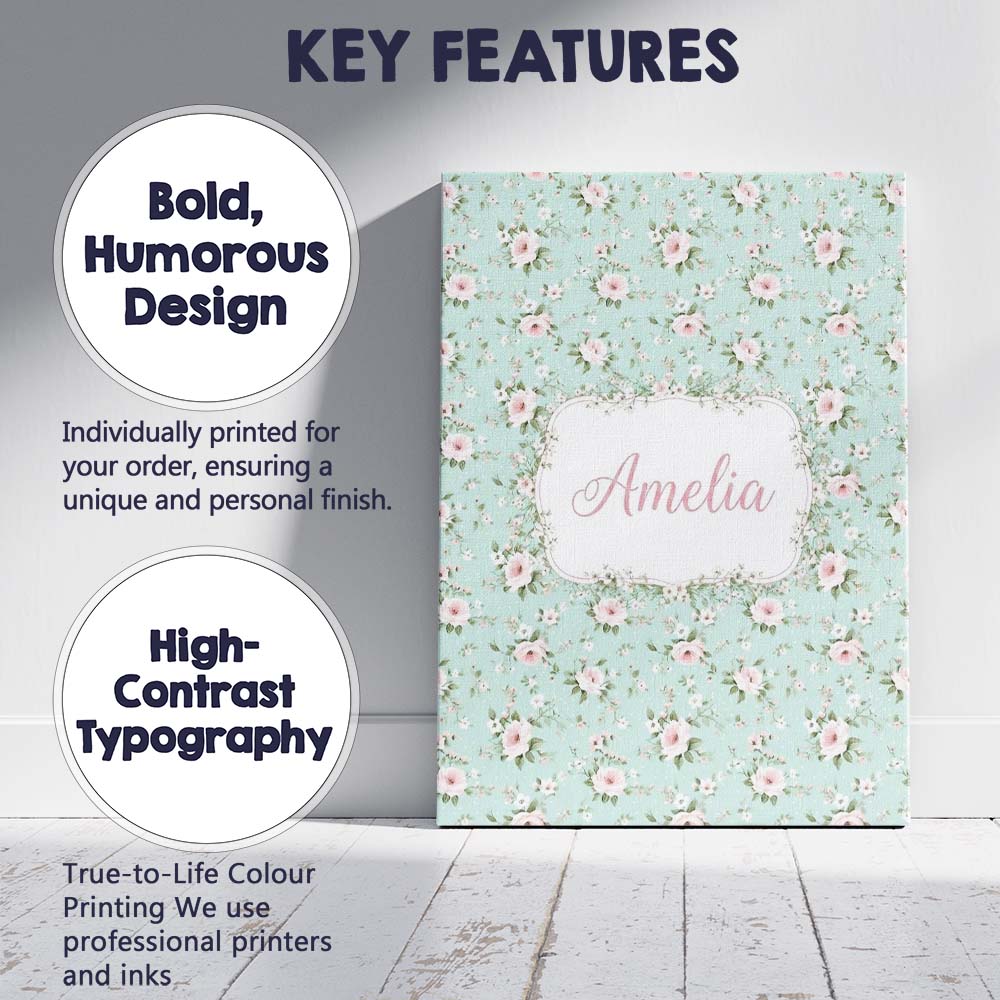 Personalised Name Pink Rose Floral Seamless Custom Bespoke Interior Contemporary Canvas Wall Art Print Decor Picture Ready to Hang