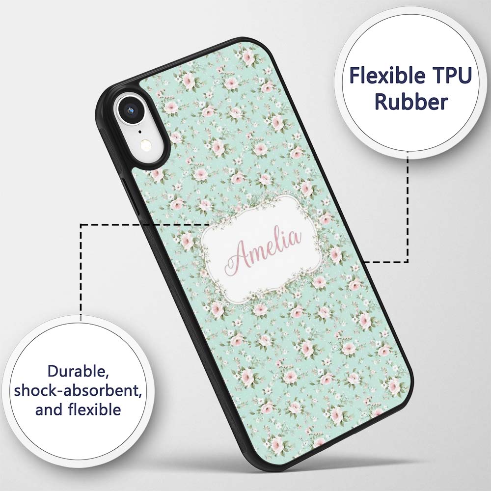 Pink Rose Floral Seamless Pattern Printed Design Custom Name Protective Phone Case Mobile Cover Durable Everyday Smartphone Shock Resistant