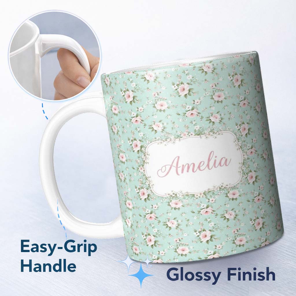 Personalized Custom Name Pink Rose Floral Seamless Pattern Delicate Vintage Botanical Garden 11oz Ceramic Coffee Tea Mug White Large Handle