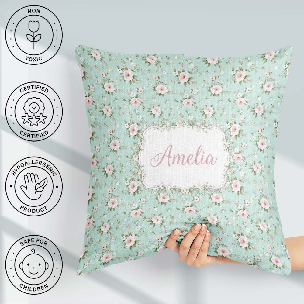 Custom Name Pink Rose Floral Seamless Pattern Delicate Botanical Square Filled Cushion Throw Pillow Sofa Bed Home Decor Zip Washable UK Made
