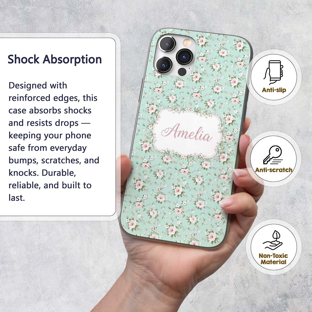 Pink Rose Floral Seamless Pattern Printed Design Custom Name Protective Phone Case Mobile Cover Durable Everyday Smartphone Shock Resistant