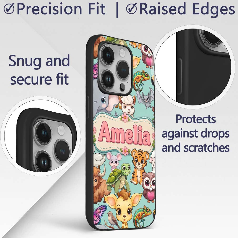 Cute Cartoon Jungle Safari Animals Printed Design Custom Name Protective Phone Case Mobile Cover Durable Everyday Smartphone Shock Resistant