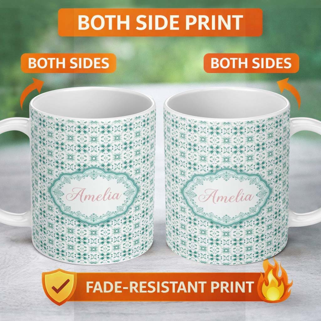 Personalized Custom Name Teal Geometric Floral Seamless Pattern Decorative Symmetric Tile 11oz Ceramic Coffee Tea Mug White Large Handle