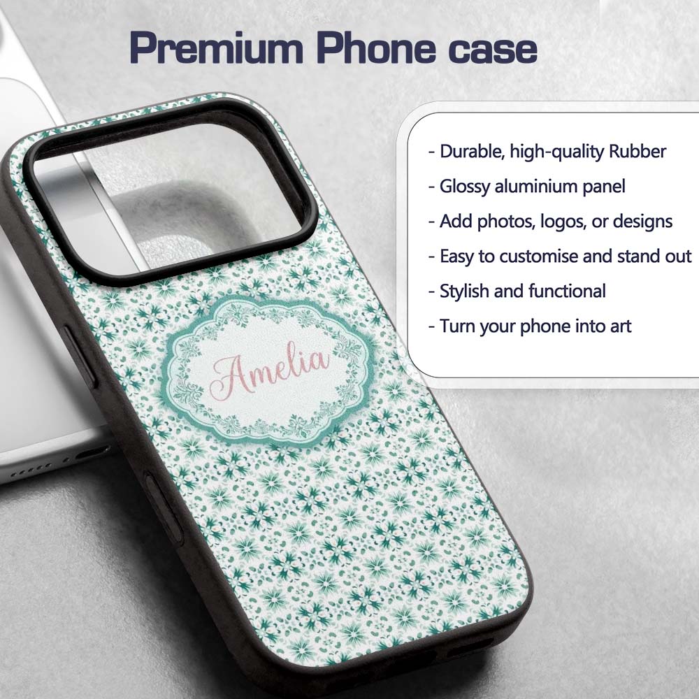 Teal Geometric Floral Seamless Pattern Decorative Custom Name Protective Phone Case Mobile Cover Durable Everyday Smartphone Shock Resistant