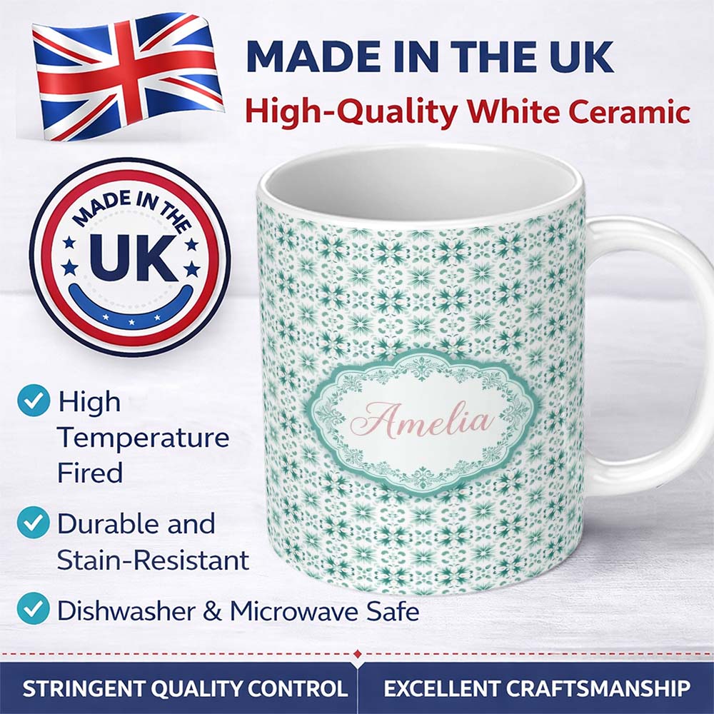Personalized Custom Name Teal Geometric Floral Seamless Pattern Decorative Symmetric Tile 11oz Ceramic Coffee Tea Mug White Large Handle