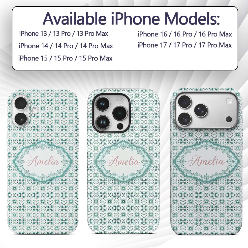 Teal Geometric Floral Seamless Pattern Decorative Custom Name Protective Phone Case Mobile Cover Durable Everyday Smartphone Shock Resistant