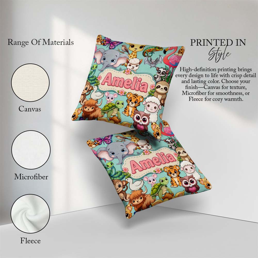 Custom Name Cute Cartoon Jungle Animals Seamless Pattern on Teal Square Filled Cushion Throw Pillow Sofa Bed Home Decor Zip Washable UK Made