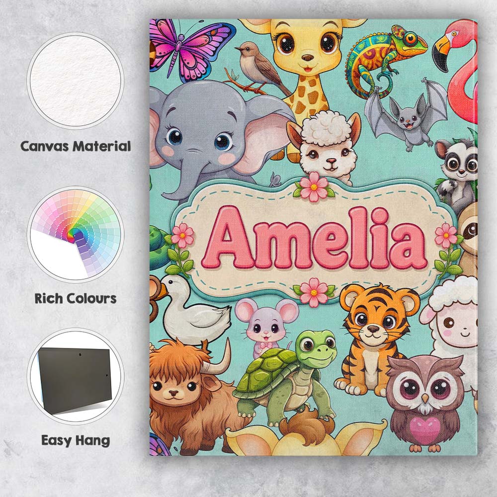 Personalised Name Cute Cartoon Jungle Custom Modern Room Accent Creative Decorator Style Canvas Wall Art Print Decor Picture Ready to Hang