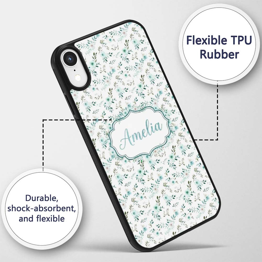 Teal Watercolor Floral Leaves Seamless Pattern Custom Name Protective Phone Case Mobile Cover Durable Everyday Smartphone Shock Resistant