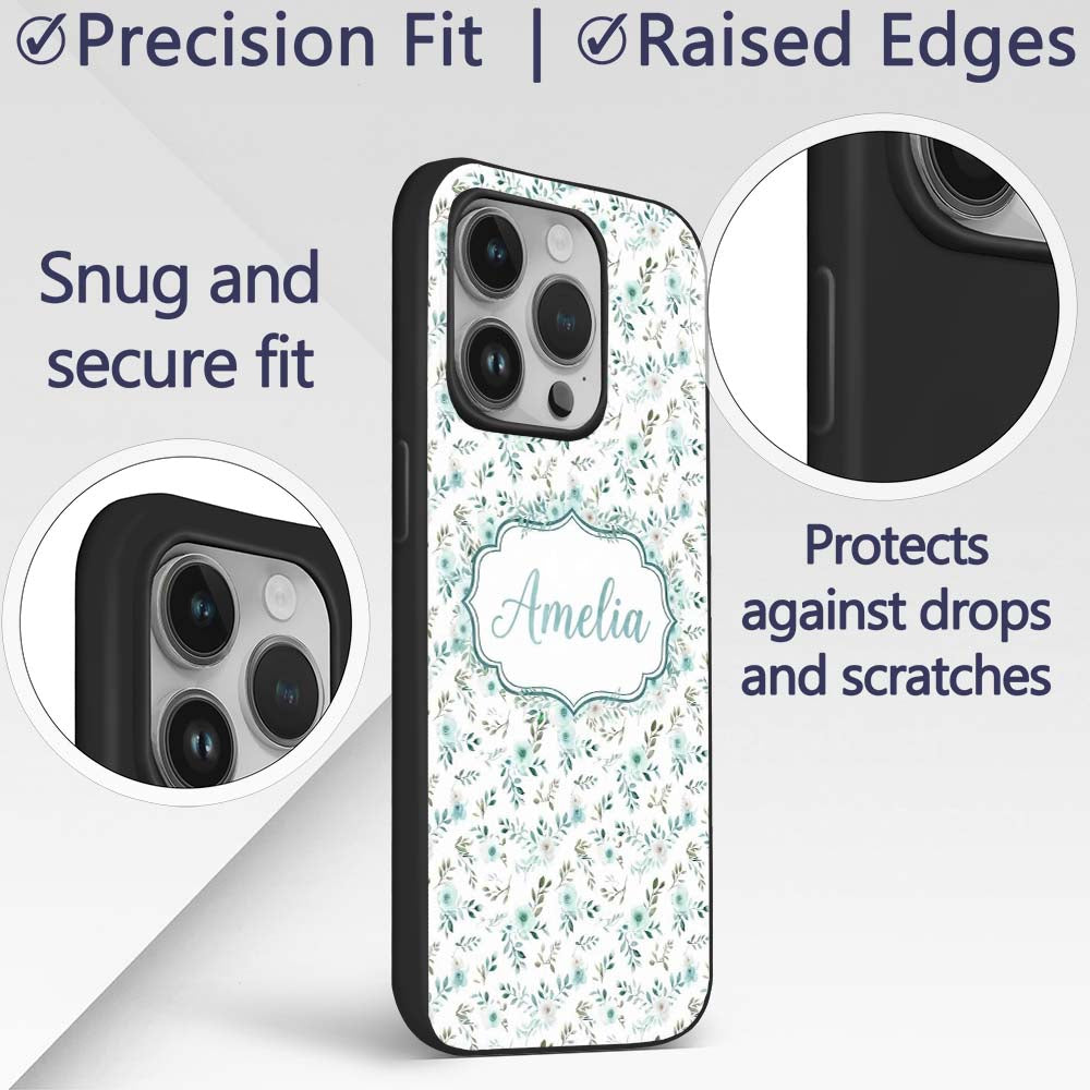 Teal Watercolor Floral Leaves Seamless Pattern Custom Name Protective Phone Case Mobile Cover Durable Everyday Smartphone Shock Resistant