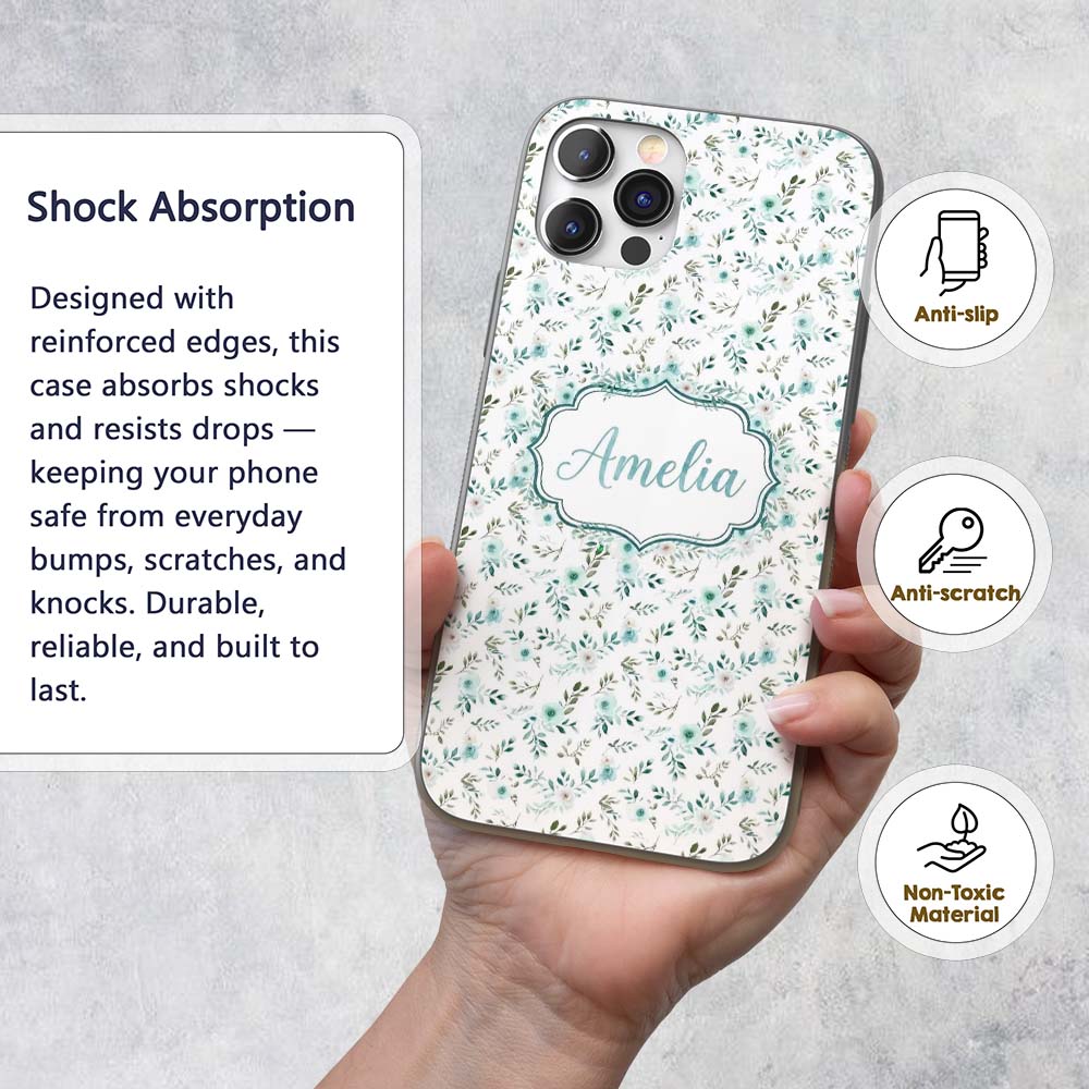 Teal Watercolor Floral Leaves Seamless Pattern Custom Name Protective Phone Case Mobile Cover Durable Everyday Smartphone Shock Resistant