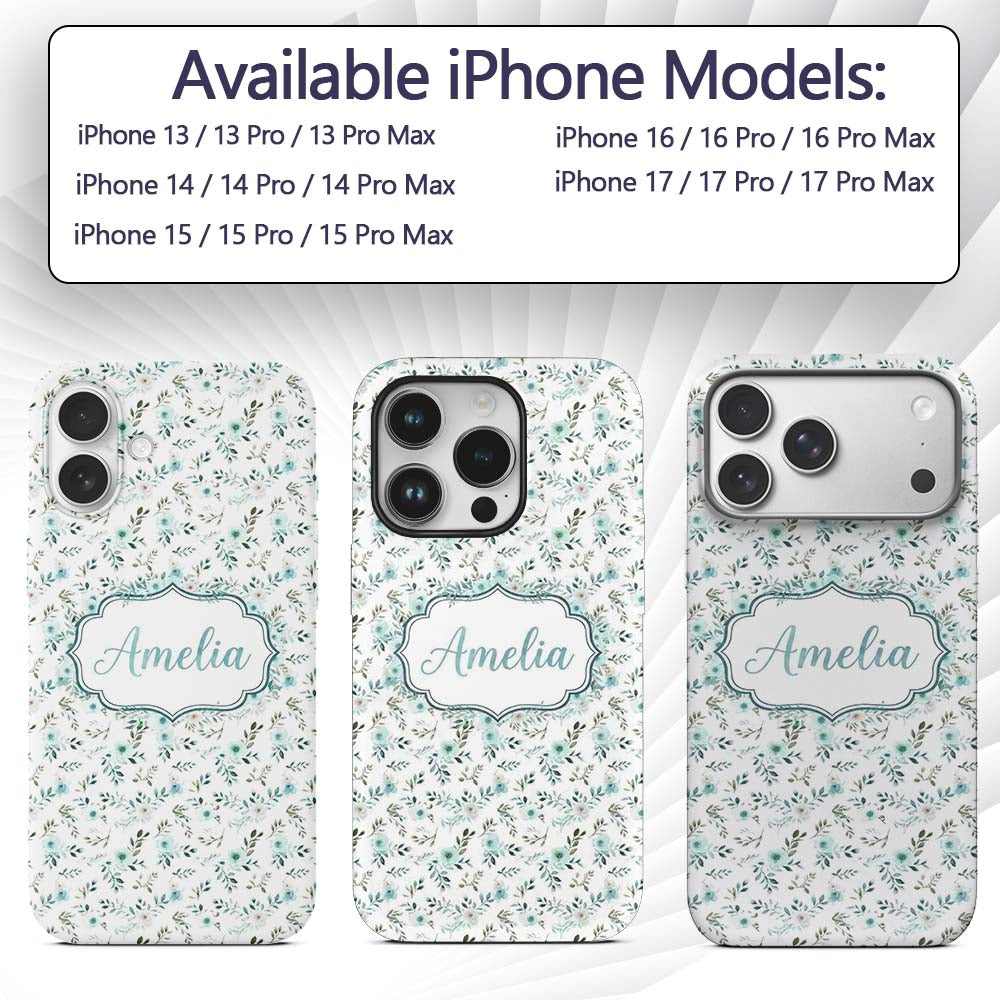 Teal Watercolor Floral Leaves Seamless Pattern Custom Name Protective Phone Case Mobile Cover Durable Everyday Smartphone Shock Resistant