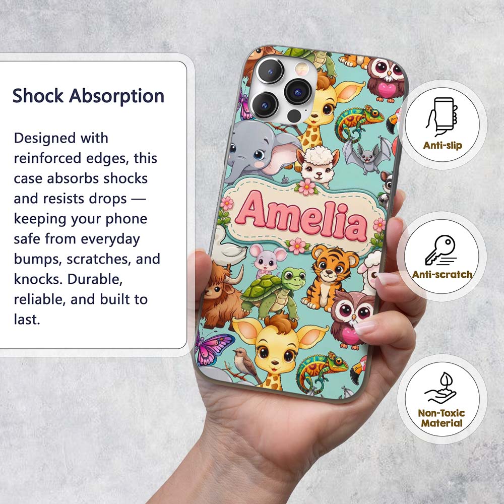 Cute Cartoon Jungle Safari Animals Printed Design Custom Name Protective Phone Case Mobile Cover Durable Everyday Smartphone Shock Resistant