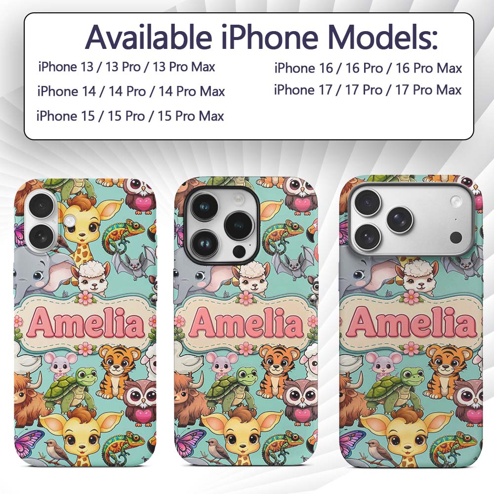 Cute Cartoon Jungle Safari Animals Printed Design Custom Name Protective Phone Case Mobile Cover Durable Everyday Smartphone Shock Resistant