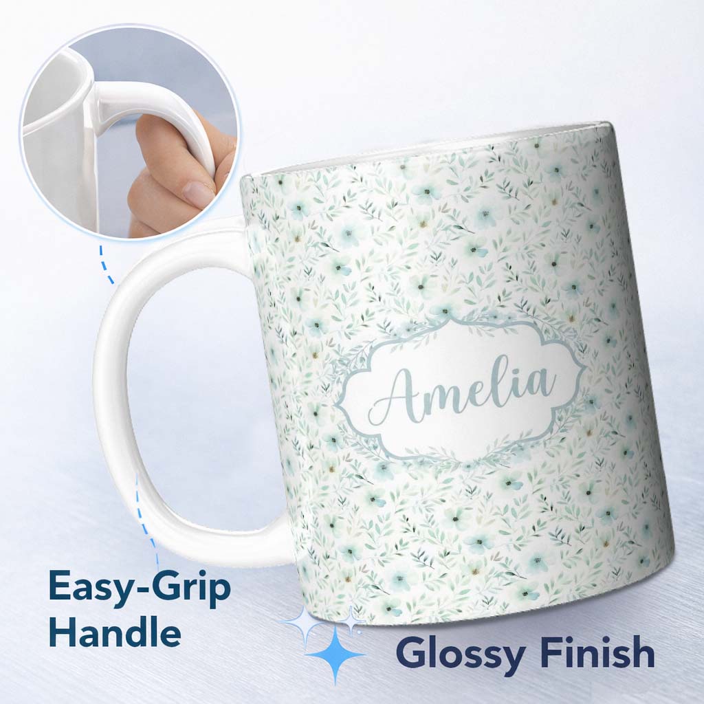 Personalized Custom Name Soft Mint Floral Blossom Seamless Pattern Delicate Watercolor 11oz Ceramic Coffee Tea Mug White Large Handle