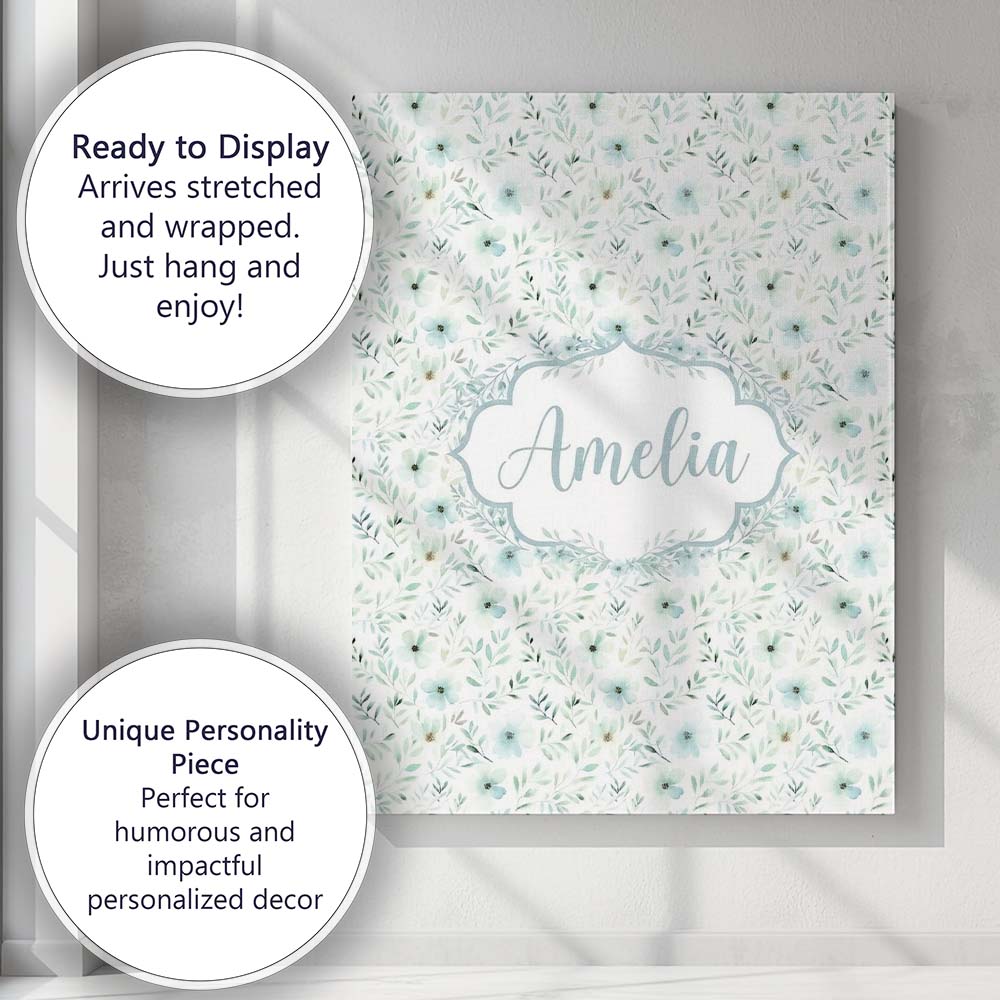 Personalised Name Soft Mint Floral Blossom Custom Unique Gift Idea Elegant Feature Canvas Wall Art Print Decor Picture Ready to Hang