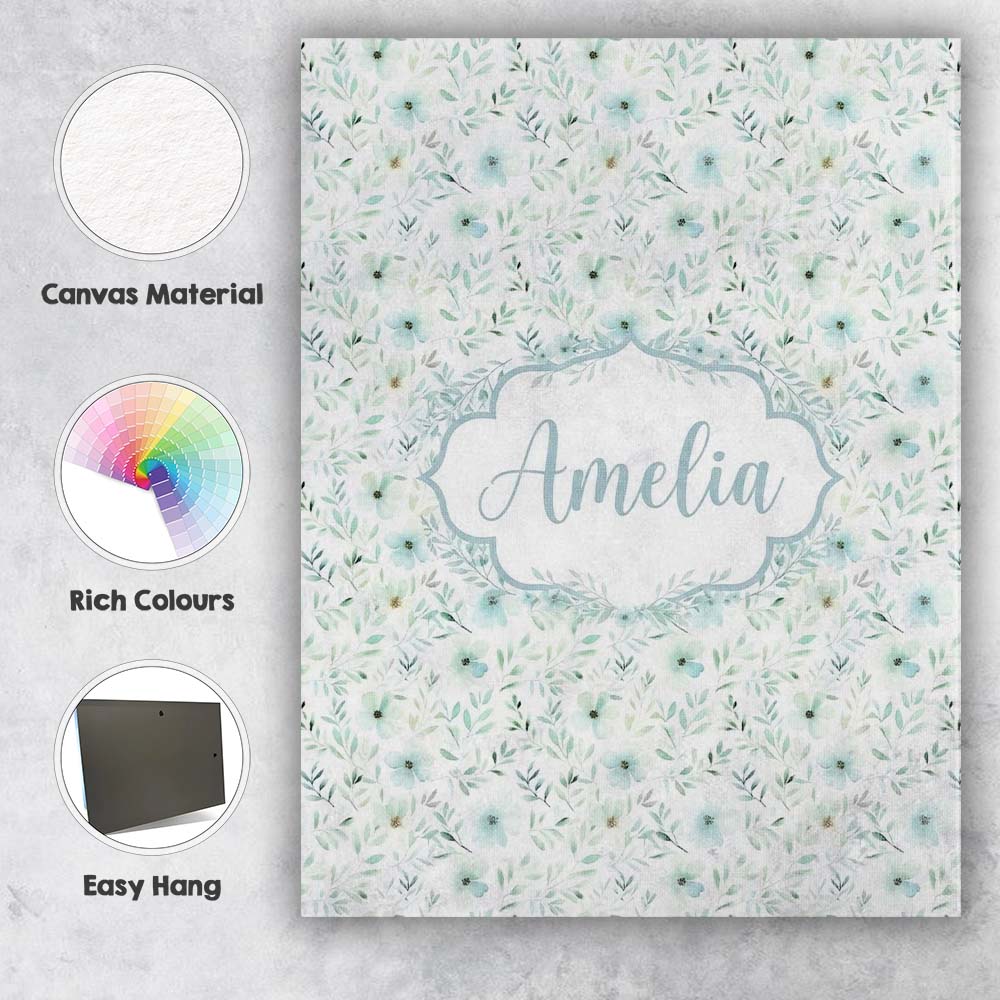 Personalised Name Soft Mint Floral Blossom Custom Unique Gift Idea Elegant Feature Canvas Wall Art Print Decor Picture Ready to Hang