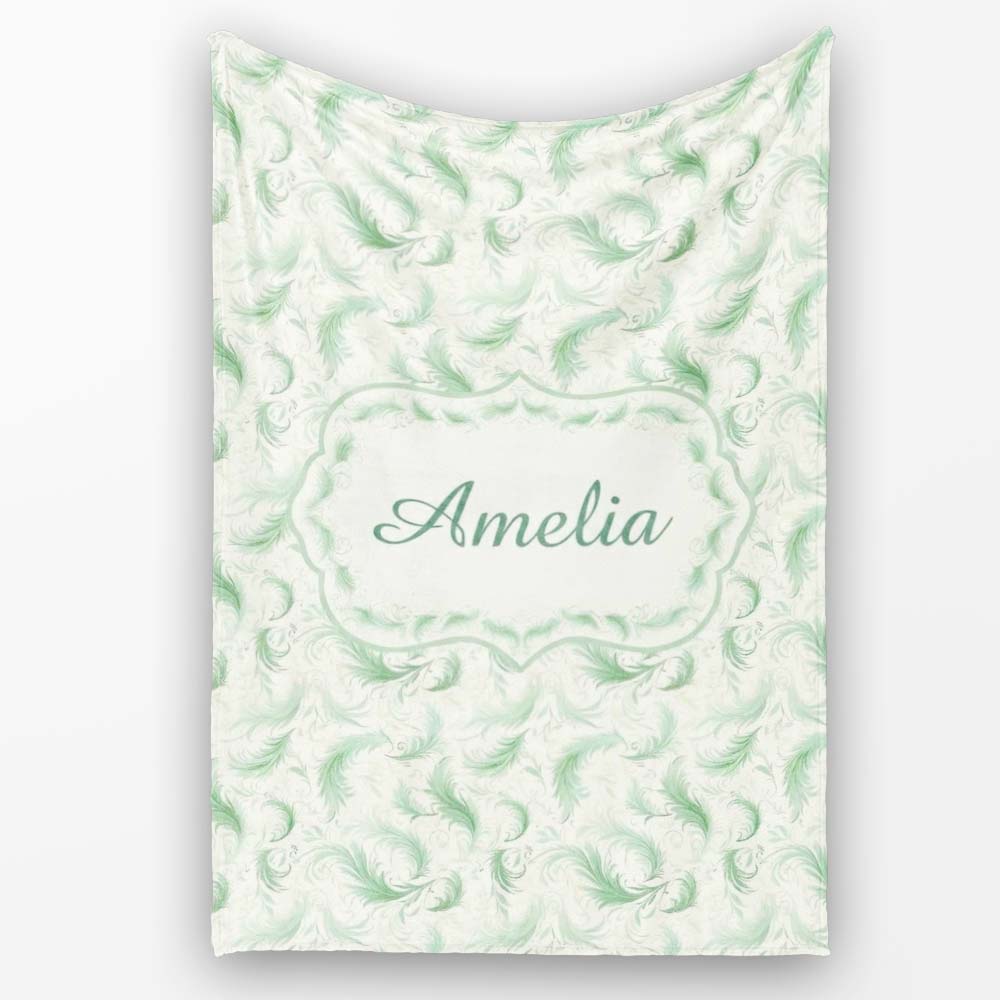 Elegant Green Swirl Feather Seamless Pattern Vintage Ornamental Personalised Custom Name Super Soft Fleece Blanket Bed Sofa Throw