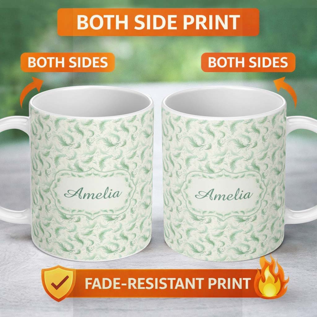 Personalized Custom Name Elegant Green Swirl Feather Seamless Pattern Vintage Ornamental 11oz Ceramic Coffee Tea Mug White Large Handle