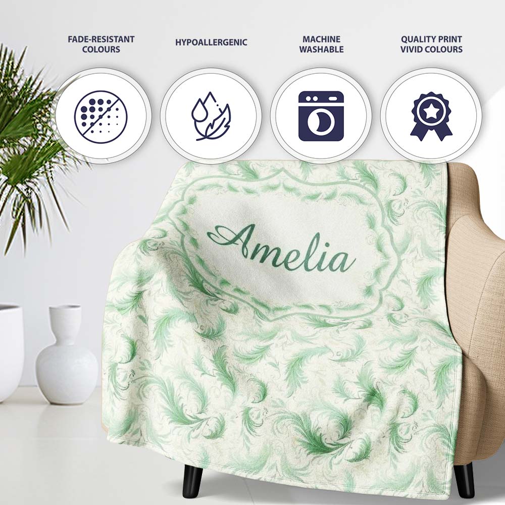Elegant Green Swirl Feather Seamless Pattern Vintage Ornamental Personalised Custom Name Super Soft Fleece Blanket Bed Sofa Throw