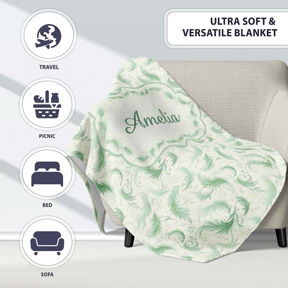 Elegant Green Swirl Feather Seamless Pattern Vintage Ornamental Personalised Custom Name Super Soft Fleece Blanket Bed Sofa Throw