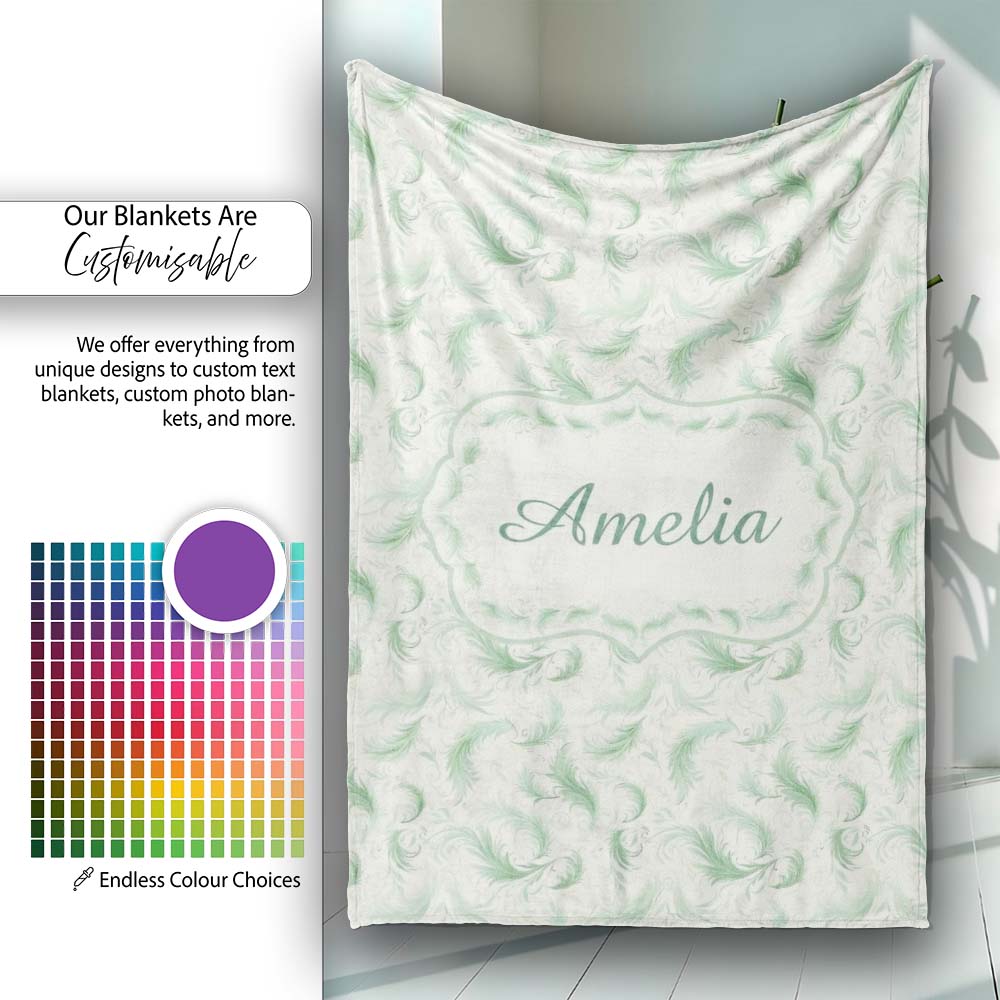 Elegant Green Swirl Feather Seamless Pattern Vintage Ornamental Personalised Custom Name Super Soft Fleece Blanket Bed Sofa Throw