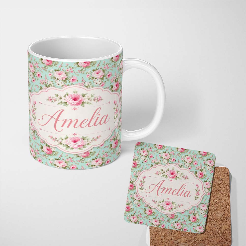 Personalized Custom Name Vintage Pink Rose Bouquet Seamless Pattern Classic Floral Garden 11oz Ceramic Coffee Tea Mug White Large Handle