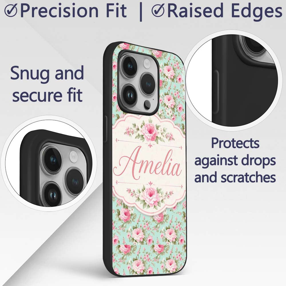 Vintage Pink Rose Bouquet Seamless Printed Design Custom Name Protective Phone Case Mobile Cover Durable Everyday Smartphone Shock Resistant