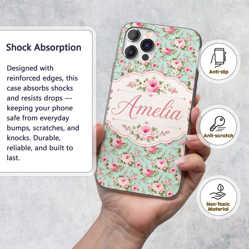 Vintage Pink Rose Bouquet Seamless Printed Design Custom Name Protective Phone Case Mobile Cover Durable Everyday Smartphone Shock Resistant