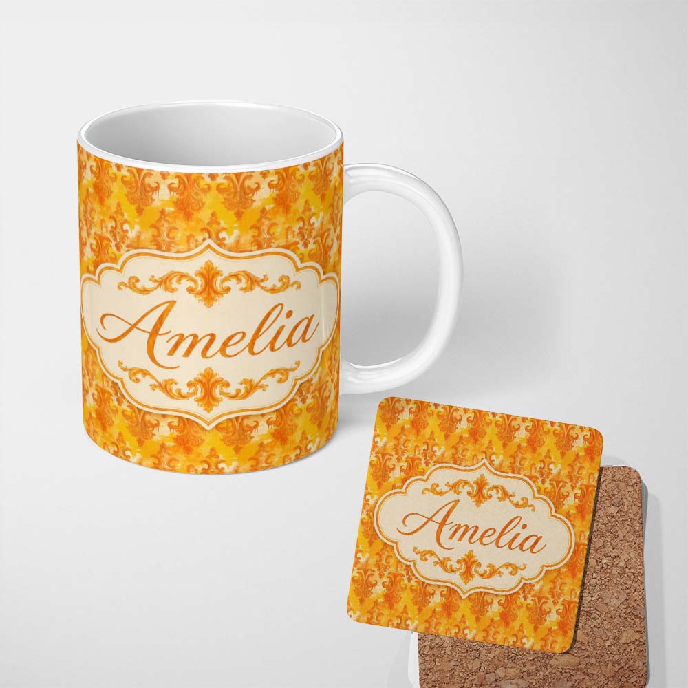 Personalized Custom Name Warm Orange Damask Seamless Pattern Artistic Vintage Ornamental 11oz Ceramic Coffee Tea Mug White Large Handle