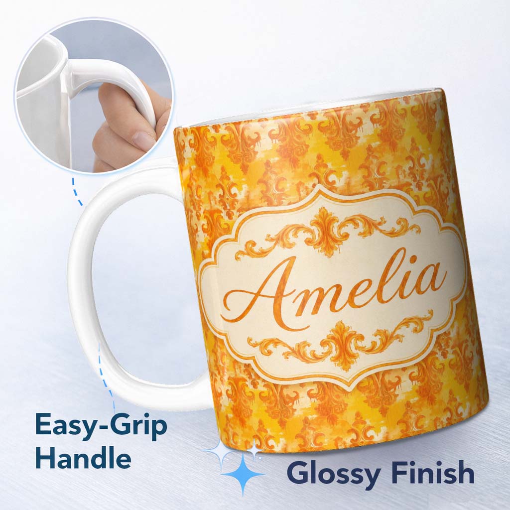 Personalized Custom Name Warm Orange Damask Seamless Pattern Artistic Vintage Ornamental 11oz Ceramic Coffee Tea Mug White Large Handle