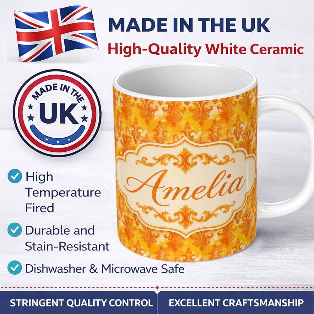 Personalized Custom Name Warm Orange Damask Seamless Pattern Artistic Vintage Ornamental 11oz Ceramic Coffee Tea Mug White Large Handle